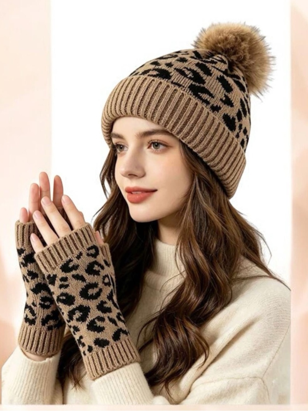 Warm Tan Leopard Knit Beanie & Fingerless Gloves Set